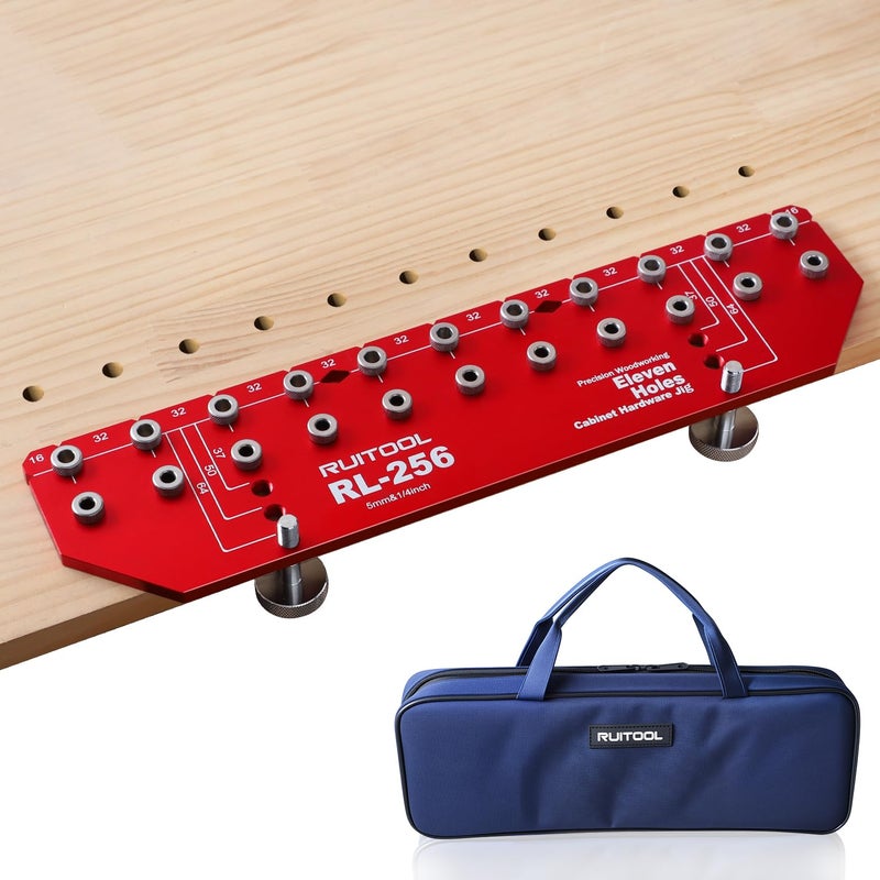 RUITOOL Shelf Pin Jig 11 Holes, Self-contained Clamping Function All Metal Shelf Pin Drilling Jig with 1/4" and 5mm Drill Bit, Shelf Hole Jig and Cabinet Hardware Jig Tool Drill Guide with Storage Bag - Image 1